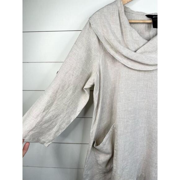 Ali Miles Cowl Neck 3/4 Sleeve Linen Top Oversized with Pockets Beige Size M - Picture 3 of 13